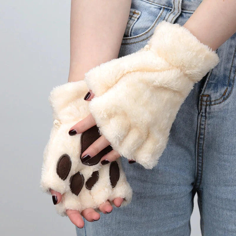 Women’s Cartoon Cat Claw Gloves Plush Bear Paw Winter Mittens