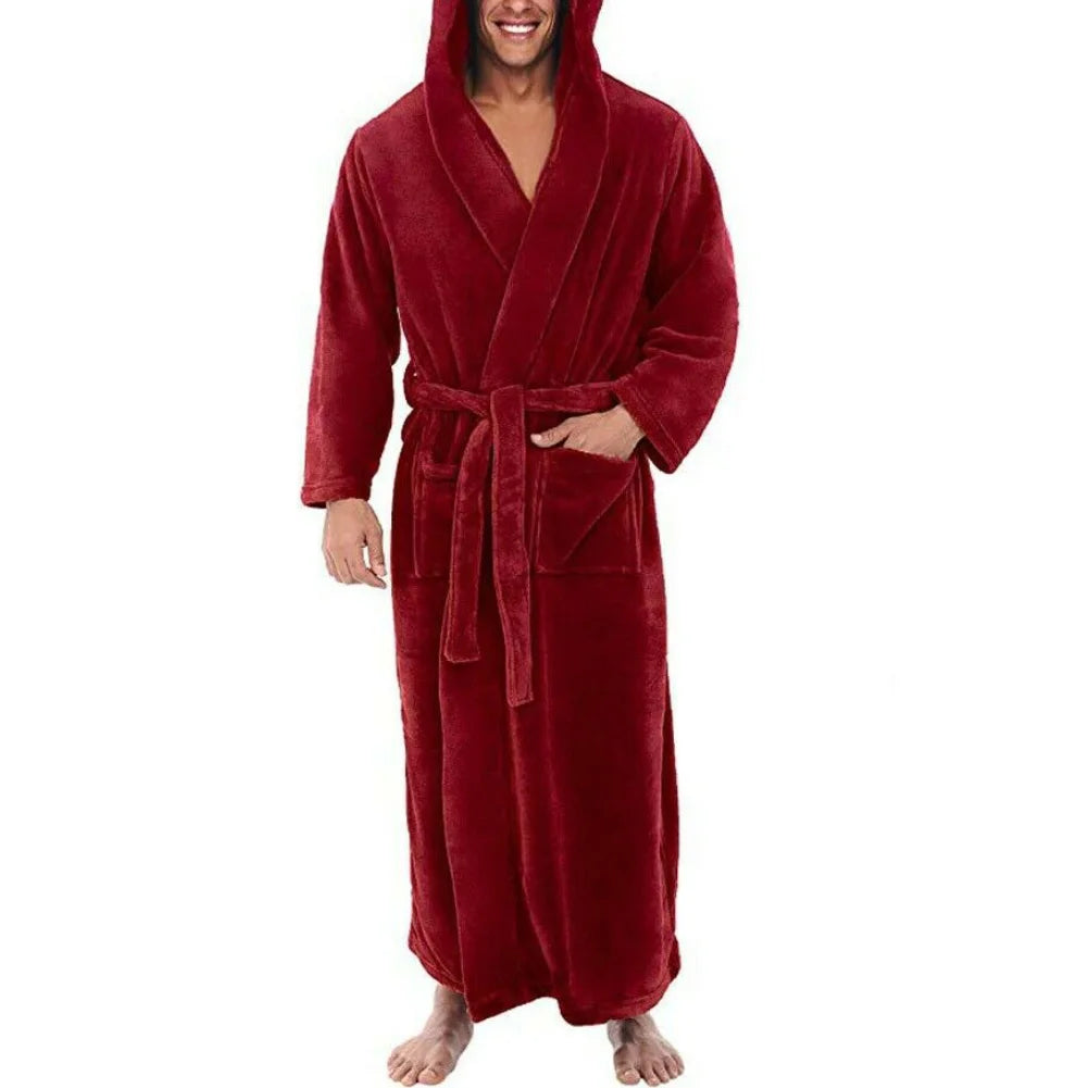 Pockets Soft Men Coral Fleece Color Block Long Bath Robe Home Gown Sleepwear