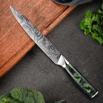 Damascus Knife Set – Chef, Santoku, Boning, Paring Knives with Green Resin Handle