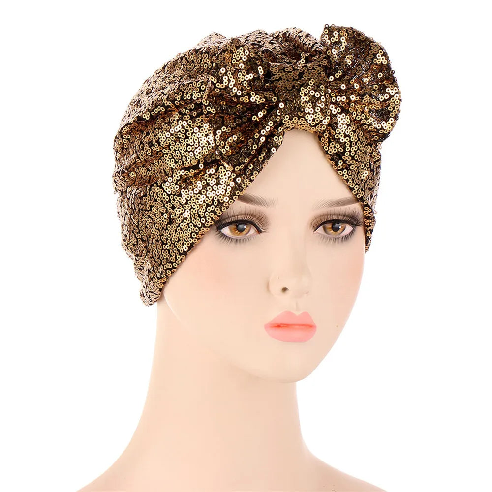 Women Glitter Sequins Turban Hat Fashion Bonnet Twist Solid Color Hijab Chemo Cap Head Wraps Elegant Headscarf Stretchy Headband