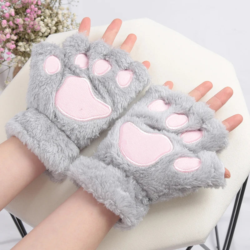 Women’s Cartoon Cat Claw Gloves Plush Bear Paw Winter Mittens