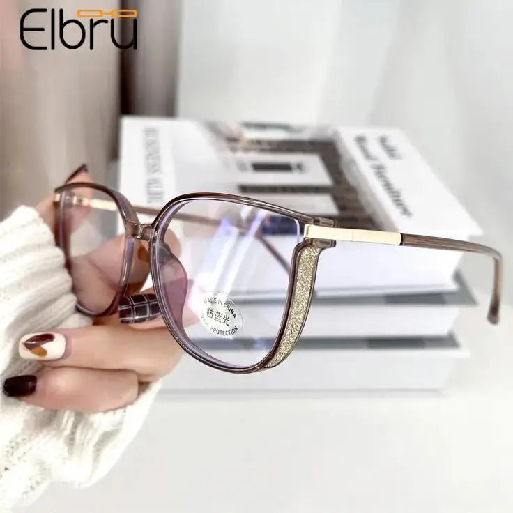 Elbru Ultralight Fashion TR90 Reading Glasses Women Men Anti Blue Light Glitter Square Frame Presbyopia Optical Eyeglasses 0+400