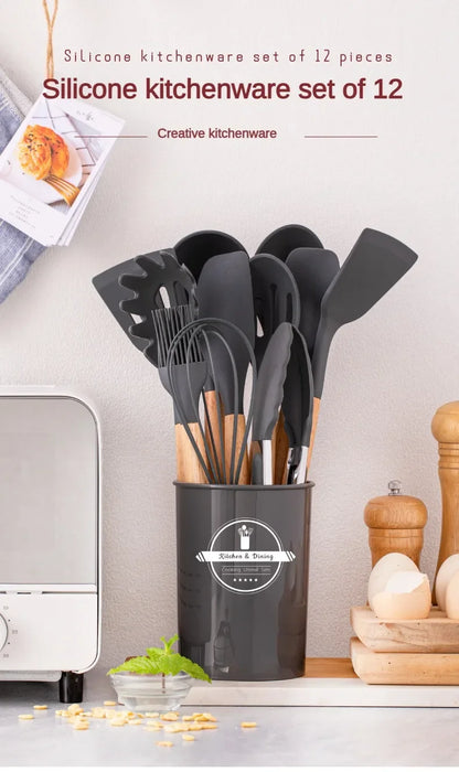 12Set of Wooden Handle Silicone Kitchen Tools Non-Stick Pan Cooking set