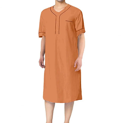 Men Short Sleeve Casual Nightgown Patch Pocket Mid-calf Length Sleep Robe Leisure Nightdress Home Wear