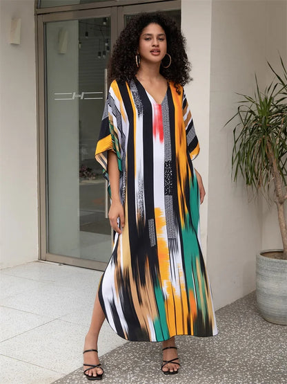 Bohemian Striped Print Plus Size Kaftan V-neck Side Split House Dress 2024 Summer Women's Beachwear Bathing Suit Cover Up Q1638