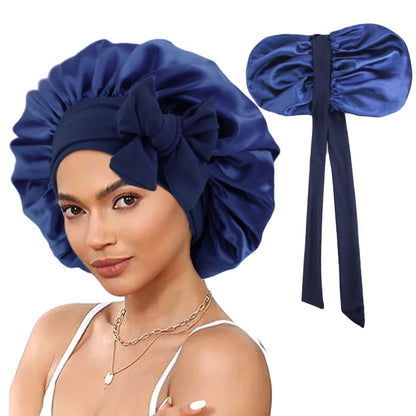 Fashion Satin Solid Color Sleeping Hat Stretchy With Tie Band Night Shower Cap Women Ladies Hair Head Cover Bonnet Turban