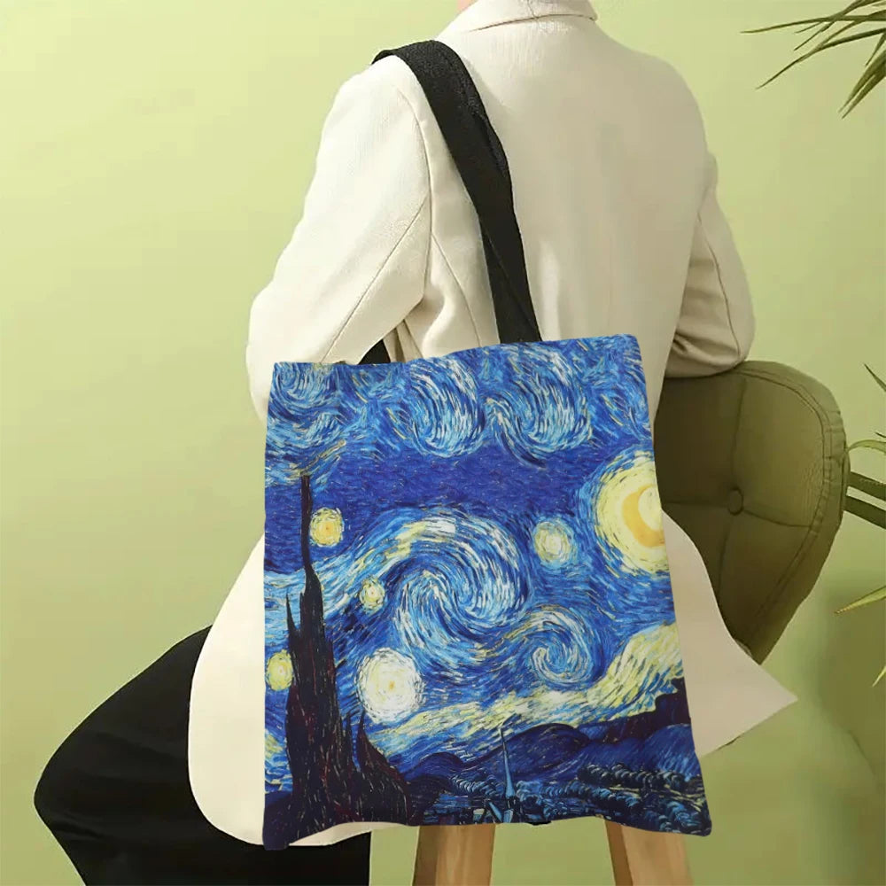 Van Gogh Series Linen Bag Oil Painting Starry Night Sunflower Apricot Flower Coffee Holder Handbag Lightweight Shoulder Bag