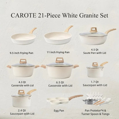 CAROTE 21-Piece Nonstick Pots & Pans Set, White Granite Induction Cookware