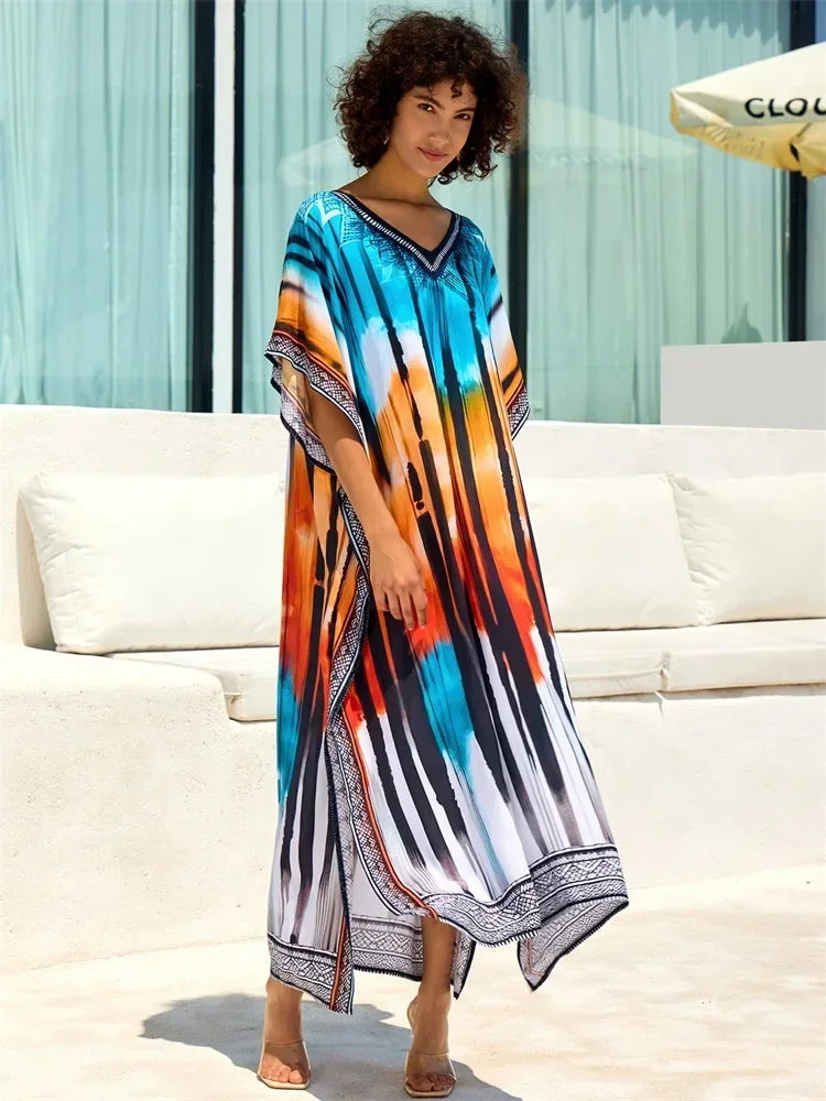 Boho Blue Plus Size Kaftan Striped Printed 2024 Summer Vacation Women Long Beach Dress Lounge Wear Sexy Swimsuit Cover Up Q1674