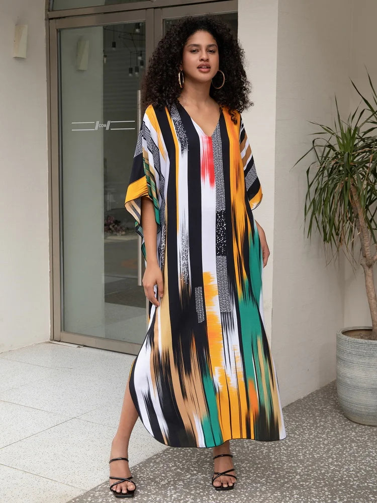 EDOLYNSA Bohemian Green Striped Women Beach Dress Robe Kaftan Relaxed Bathing Suit Cover Up Vacation Moo Moo Dress Outfit Q1638