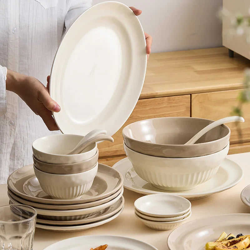 Cream Style Ceramic Bowl Set | High-End Japanese & Chinese Tableware, Kitchen Accessories