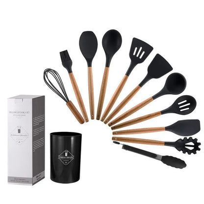 12-Piece Wooden Handle Silicone Utensil Set with Storage Bucket