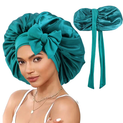 Fashion Satin Solid Color Sleeping Hat Stretchy With Tie Band Night Shower Cap Women Ladies Hair Head Cover Bonnet Turban