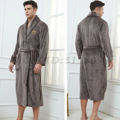 Winter Thicken Long Robe Men Women Flannel Sleepwear Plus Size 3XL 4XL Bathrobe Gown Home Wear Coral Fleece Soft Warm Nightwear