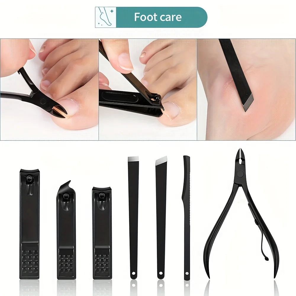 8/12/15/20/24pcs black Nail clipper set Pedicure knife Stainless steel Nail beauty tool Nail Care Trimmer Portable travel box