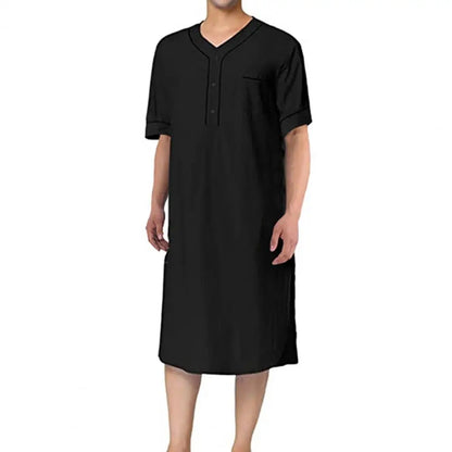 Men Nightgown Men's V-neck Short Sleeve Nightgown with Patch Pocket Solid Color Mid-calf Length Sleep Robe for Leisure for Men