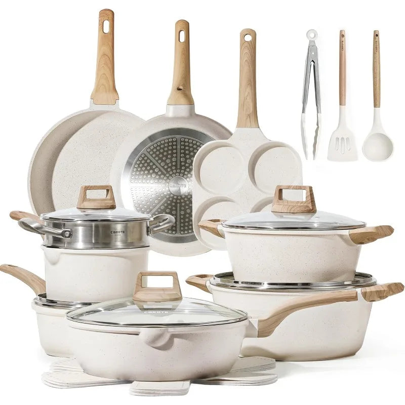 CAROTE 21-Piece Nonstick Pots & Pans Set, White Granite Induction Cookware