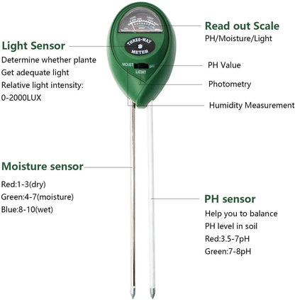 3-in-1 Soil Tester | Moisture, Light, pH Meter for Gardens