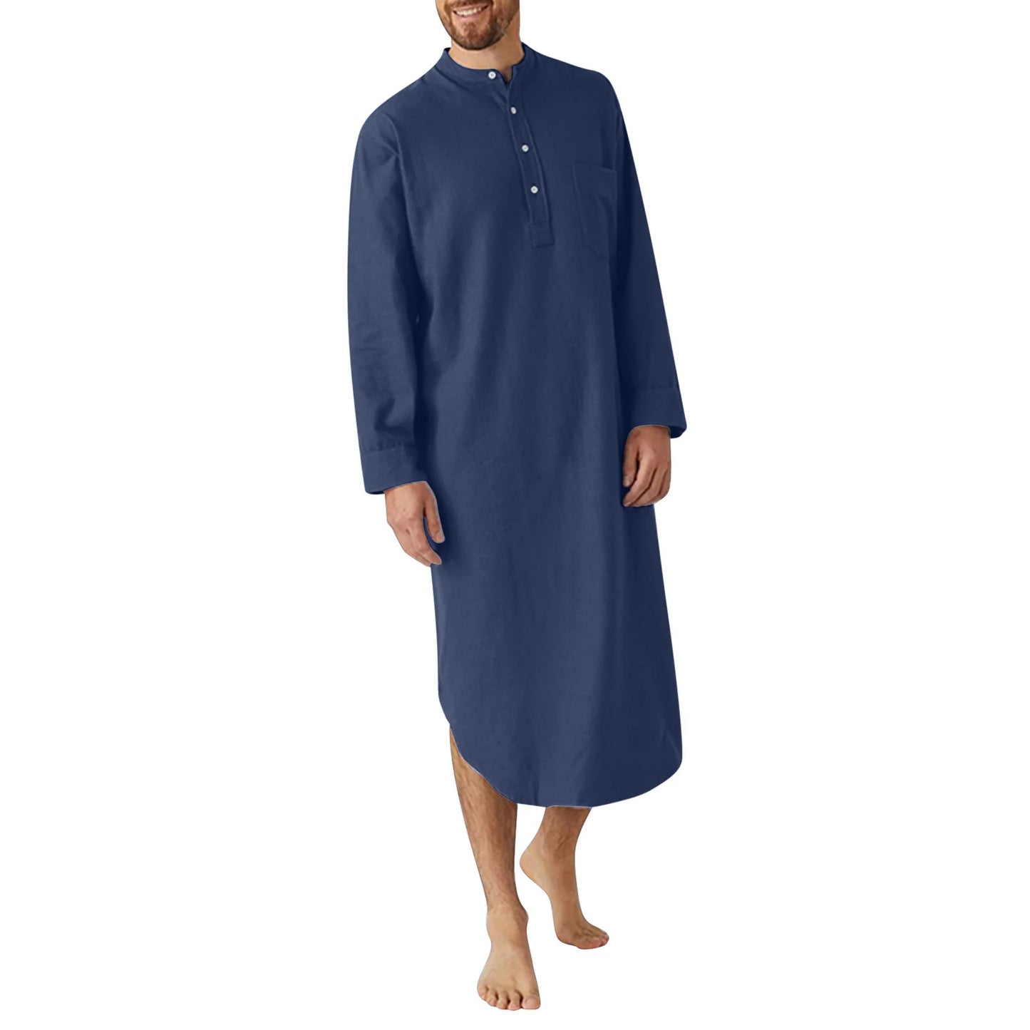 Men's Cotton Button-down Sleep Robe Solid Color Stand Neck Long Sleeve Nightgown Fashion Comfortable Home Loose Bathrobe