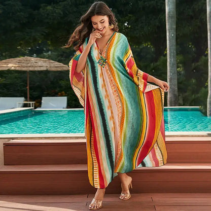 Colorful Vertical Striped Bo Printed Beach Dress Bikini Cover Up Loose V Neck Knit Robe Holiday Vocation Beach Cover Ups