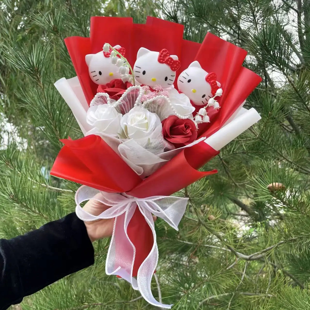 Kawaii Hello Kitty Doll with Artificial Flowers | Sanrio Bouquet Gift