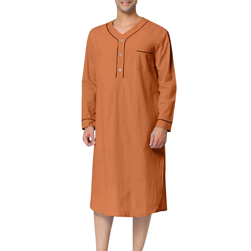 Men V-Neck Linen Robe Roll Up Short Sleeve Solid Long Night Gown Casual Loose Shirt Kaftan Thobe with Pocket