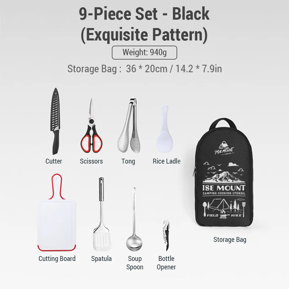 9-Piece Portable Camping Utensil Set – Stainless Steel Cookware for Outdoor Adventures