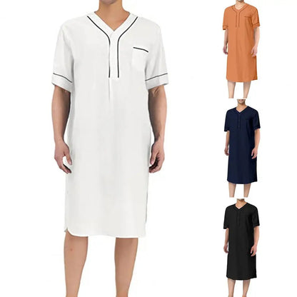 Men Short Sleeve Casual Nightgown Patch Pocket Mid-calf Length Sleep Robe Leisure Nightdress Home Wear