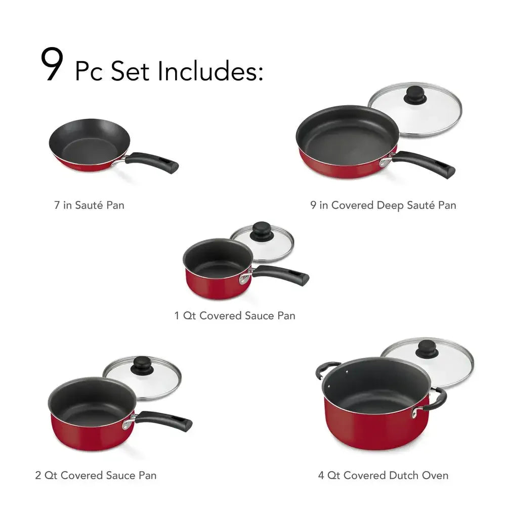 Nonstick Red Cookware 9-Piece Set with Dutch Oven & Saute Pan