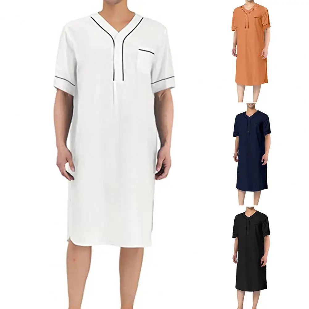 Men Nightgown Men's V-neck Short Sleeve Nightgown with Patch Pocket Solid Color Mid-calf Length Sleep Robe for Leisure for Men