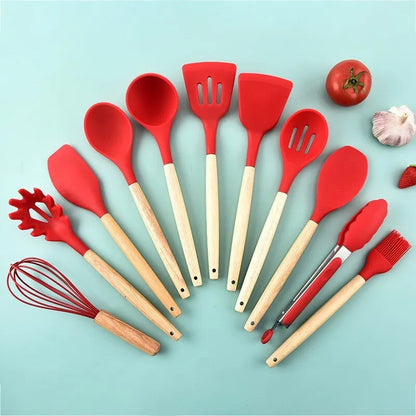 12-Piece Wooden Handle Silicone Utensil Set with Storage Bucket