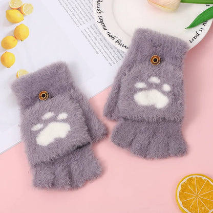 Thickened Women’s Warm Cat Claw Paw Plush Fingerless Winter Gloves