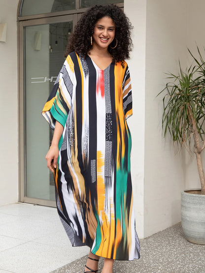 2024 Striped Printed Summe Beach Dress For Women Clothing Bohemian V Neck Batwing Sleeve Kaftan Vacation Moo Moo Dreses Q1638