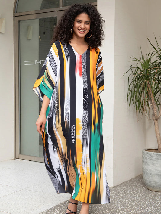 2024 Striped Printed Summe Beach Dress For Women Clothing Bohemian V Neck Batwing Sleeve Kaftan Vacation Moo Moo Dreses Q1638