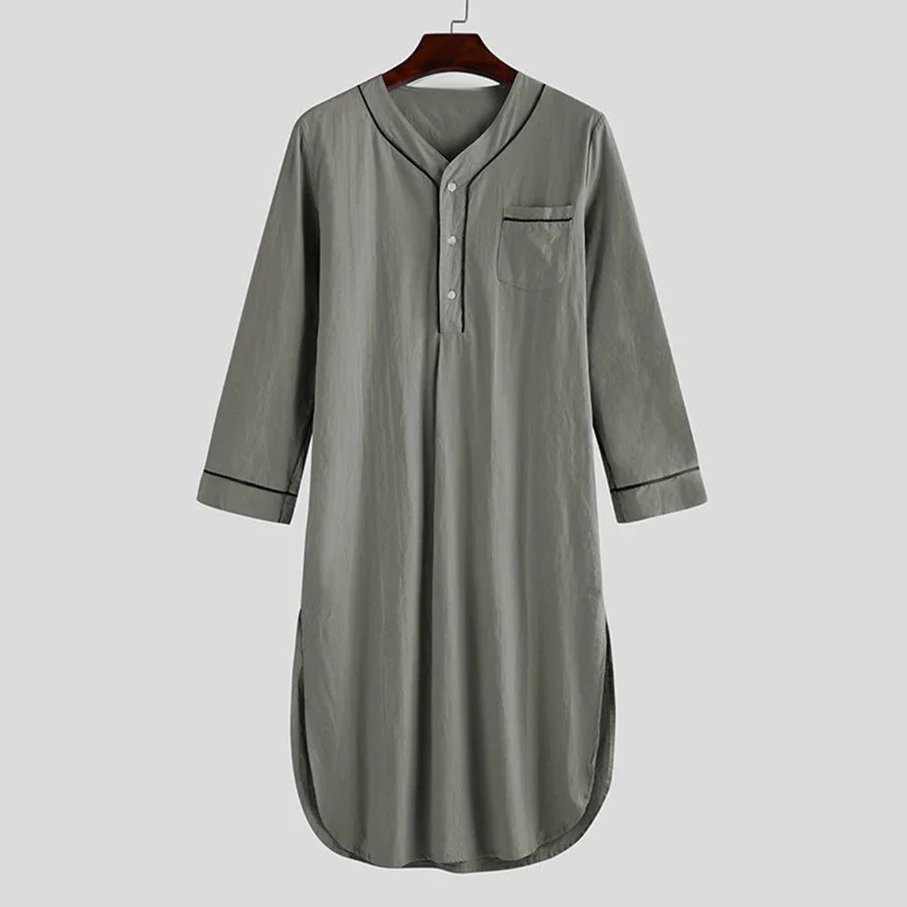 Casual Men Sleepwear Robes Nightgown Long Sleeve V Neck Loose Homewear Pajamas Night Dress Men Nightwear Bathrobes Dressing Gown