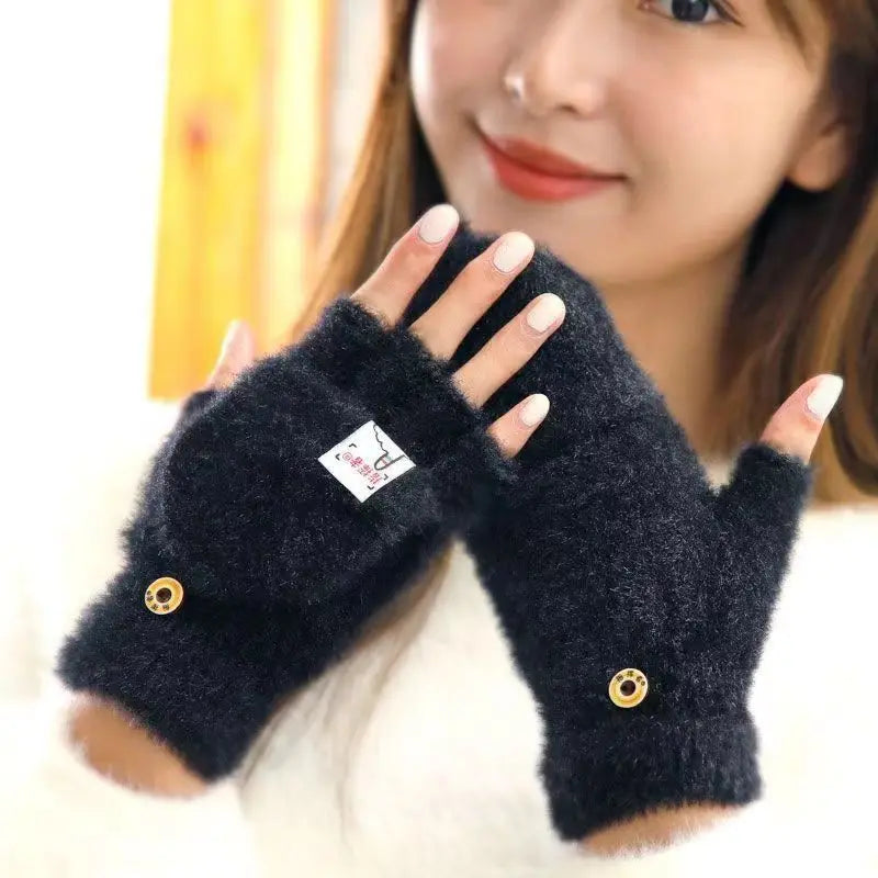 Thickened Women’s Cat Claw Paw Plush Fingerless Winter Gloves