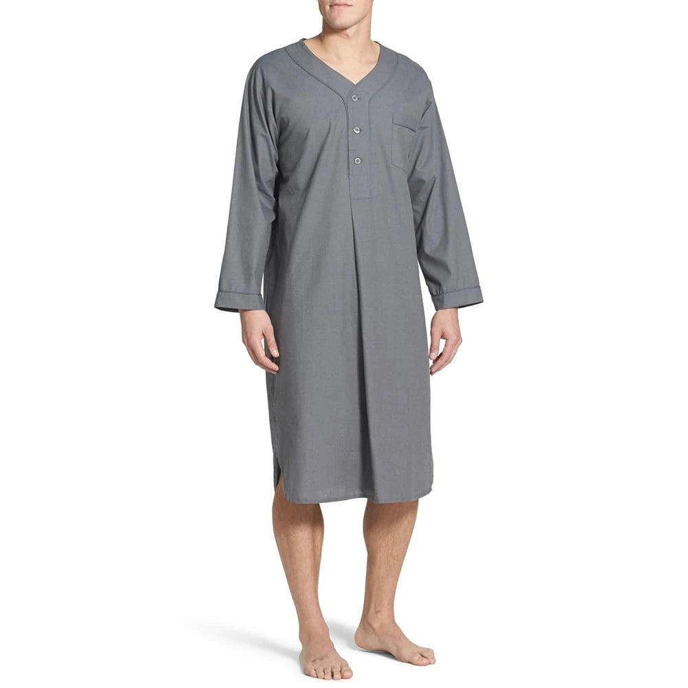 Men Night Robe Loose V Neck Long Sleeve Nightgown Solid Autumn Pajamas Cotton Soft Comfy Sleepwear Top Casual Homewear New