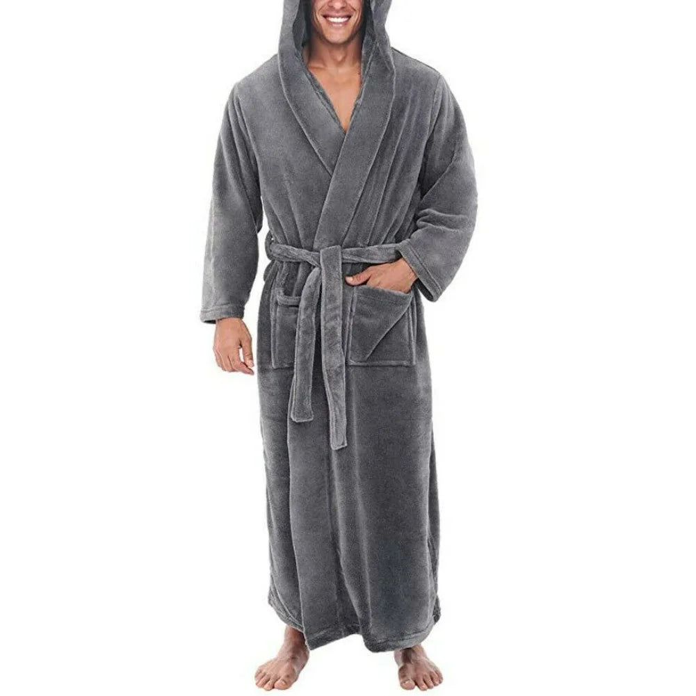 Pockets Soft Men Coral Fleece Color Block Long Bath Robe Home Gown Sleepwear