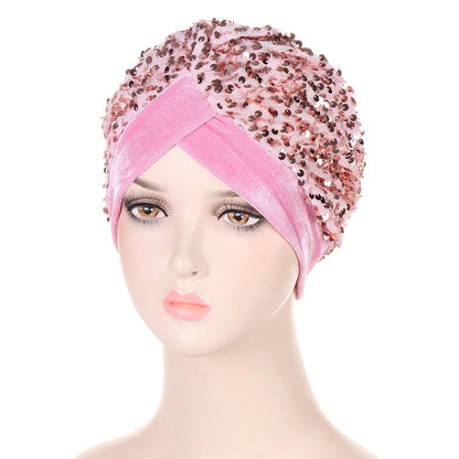 Women Glitter Sequins Turban Hat Fashion Bonnet Twist Solid Color Hijab Chemo Cap Head Wraps Elegant Headscarf Stretchy Headband