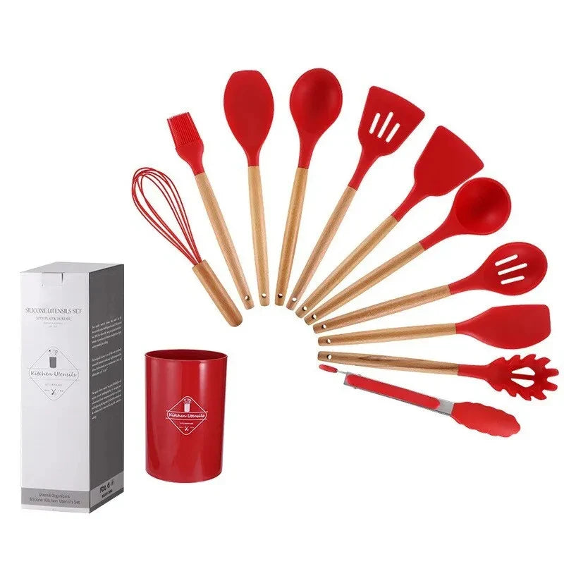 12-Piece Silicone Kitchen Utensil Set with Wooden Handles – Non-Stick Cookware Tools