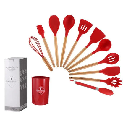 12-Piece Silicone Kitchen Utensil Set with Wooden Handles – Non-Stick Cookware Tools