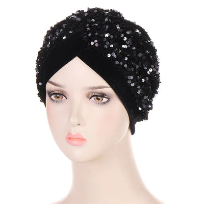 Women Glitter Sequins Turban Hat Fashion Bonnet Twist Solid Color Hijab Chemo Cap Head Wraps Elegant Headscarf Stretchy Headband