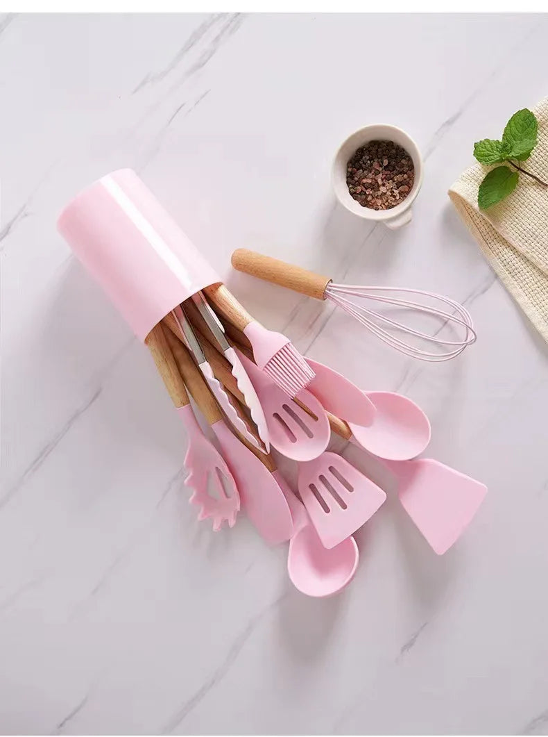 12Pcs Silicone Cooking Utensils Set – Wooden Handle, Non-Stick Kitchen Tools