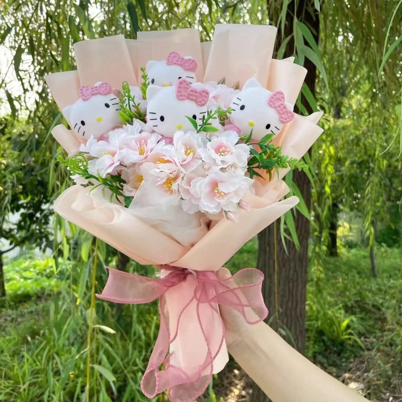 Kawaii Hello Kitty Doll with Artificial Flowers | Sanrio Bouquet Gift