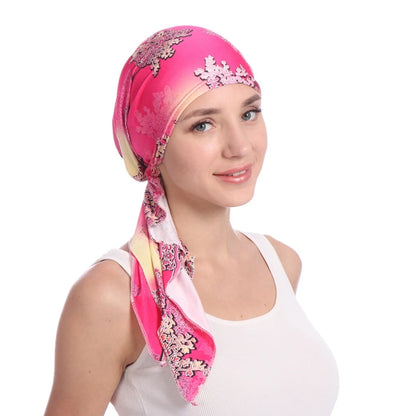 Women Headscarf Cap Floral Print Pre Long Tied Tassel Stretchy Head Wrap Hair Accessories Muslim Chemo Hat Turban Headwear