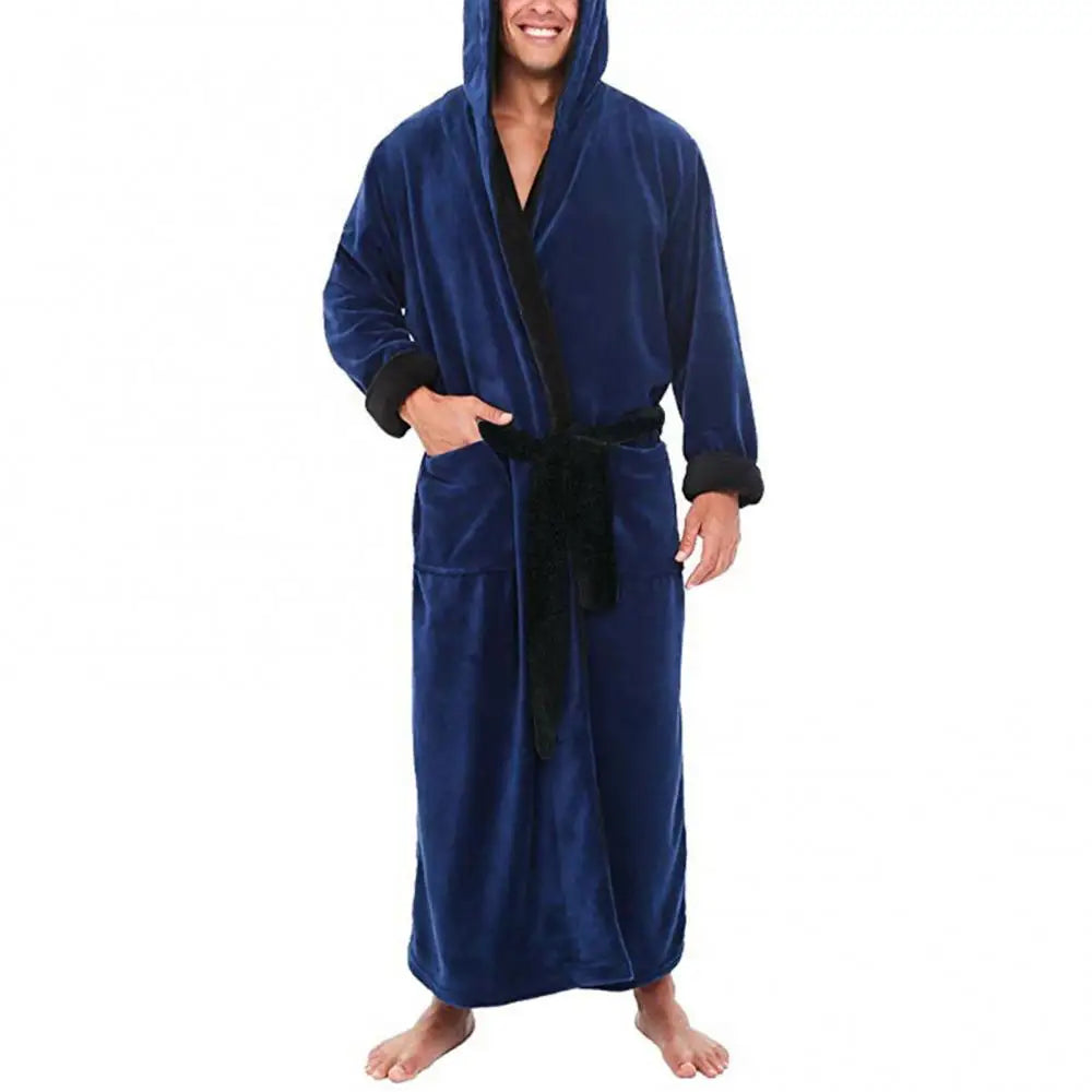 Pockets Soft Men Coral Fleece Color Block Long Bath Robe Home Gown Sleepwear