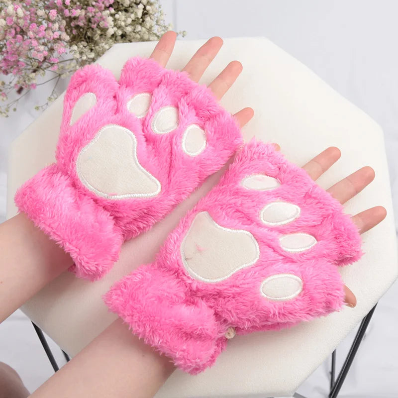 Women’s Cartoon Cat Claw Gloves Plush Bear Paw Winter Mittens