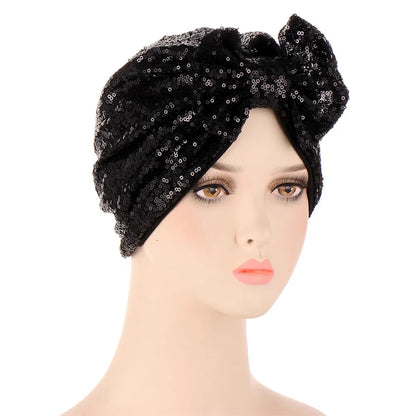 Women Glitter Sequins Turban Hat Fashion Bonnet Twist Solid Color Hijab Chemo Cap Head Wraps Elegant Headscarf Stretchy Headband