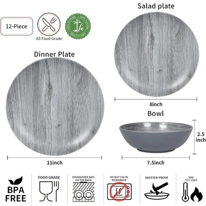 12pcs Melamine Dinnerware Set for Indoor Bamboo Pattern Dishes