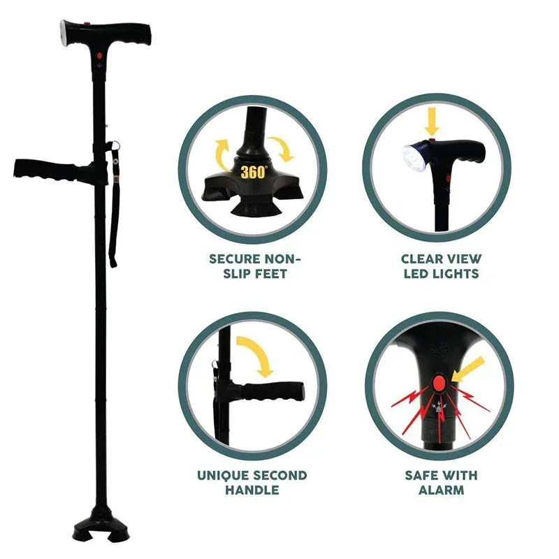 Height Adjustable Walking Stick | LED Light & Voice Alert